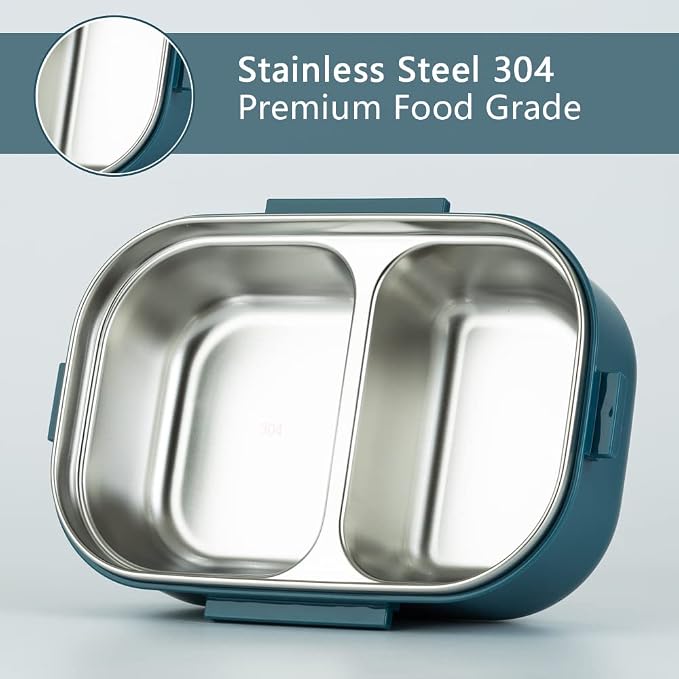 Lille Home 28oz Stainless Steel Leakproof 2-Compartment Bento Lunch Box | Portion Control Metal Lunch Box Food Container with Lunch Bag and Cutlery Set, BPA Free (Blue)