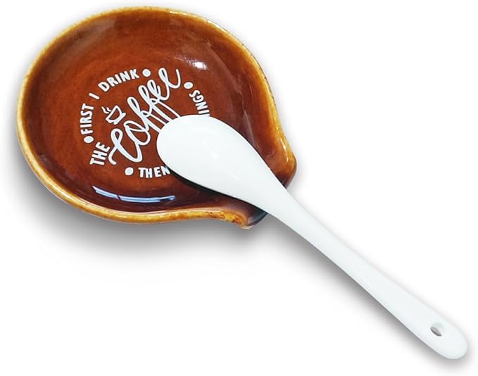 Littlefa Coffee Spoon Rest Holder-Coffee Bar Accessories-Rustic Brown | Farmhouse Ceramic Coffee Spoon Rest for Coffee Bar Accessories Essentials, Coffee Lovers Gifts, But First I Drink Sign