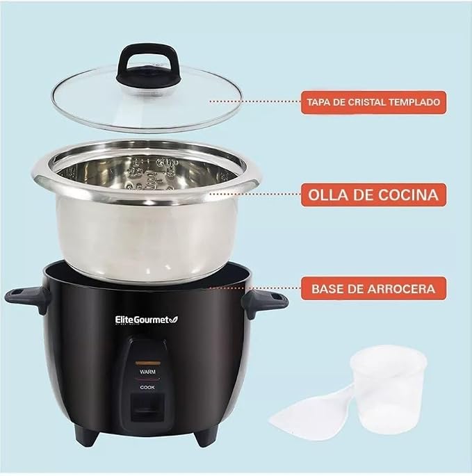 Elite Gourmet ERC2010B Rice Cooker, Stainless Steel, Black, 10 Cups Cooked | 5 Cups Uncooked - Also Makes Soups, Stews, Porridges, Grains and Cereals for Versatile Cooking