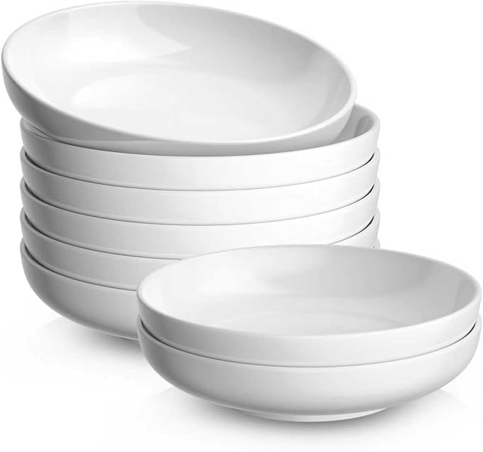 Quatish Pasta Bowls 30oz Set of 8, Salad Bowls Soup Bowl for Kitchen, Microwave & Dishwasher Safe, Large Porcelain Wide and Shallow Serving Bowl, White Dinner Plates, Dinnerware Set, Gift