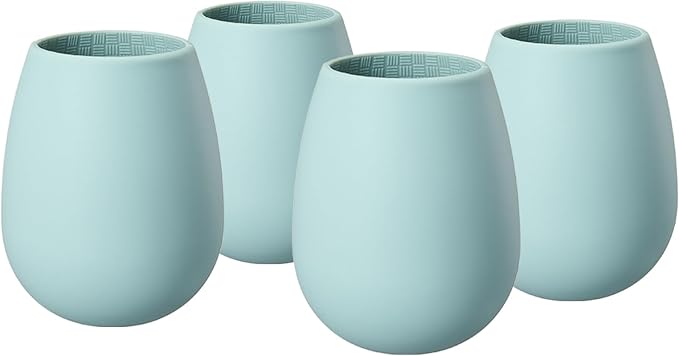 Unbreakable Silicone Stemless Wine Glassware | Set of 4 | Reusable & Shatterproof Tumbler Drinkware for Wine, Water, Cocktails, Champagne Glass for Parties, Camping, Beaches, Boats - (Light Blue)