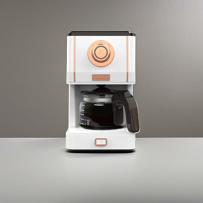 Amaste Retro Style Coffee Machine with 25 Oz Glass Coffee Pot, Reusable Coffee Filter & Three Brewing Modes, Warming Plate, Elegant White with Rose Gold