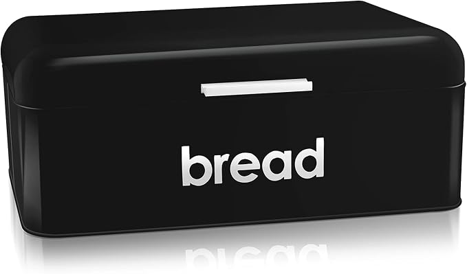 E-far Vintage Bread Box for Kitchen Countertop, Black Metal Bread Storage Container Retro Bread Bin for Pastries/Loaves/Dry Food, Large Capacity & Modern Design (16.7” x 9” x 6.4”)