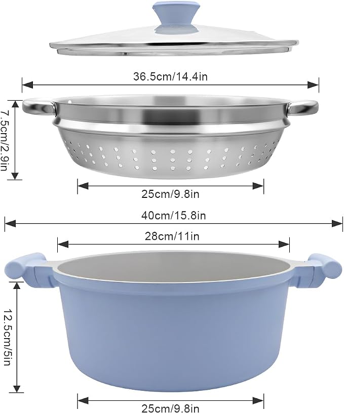 AIKENBBKK Ceramic Steamer Pot for Cooking, 7 QT Large Steaming Pot with Lid, Nonstick Cooking Pot with Steamer Basket, Big Steamer Cookware for Vegetable, Food, Dumplings, Induction Compatible, Blue