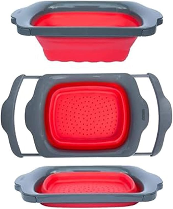 Comfify XL Large Kitchen Strainer - Collapsible Silicone Over-The-Sink Colander with Extendable Handles - Use with Pasta, Fruit, Berries & Veggie - 6 Quart - Red | Red silicone colander; 17.1 x 10.1 in; folds to 1.4 in; 6 Qt; handles extend 25 in; heat...