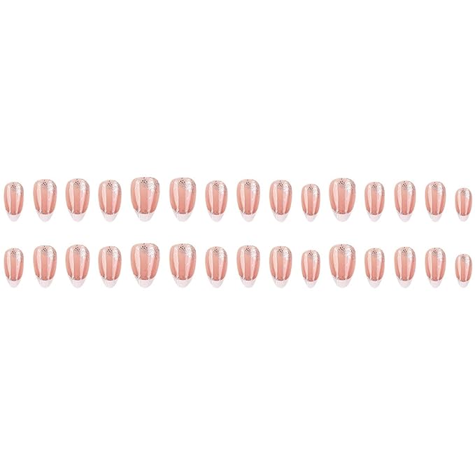 White French Tip Press On Nails Short Almond Fake Nails Silver Glitter Acrylic Nail Tips Reusable Full Cover Glue on Nails White Ombre False Nails Shiny French Manicure for Women Girls 30Pcs