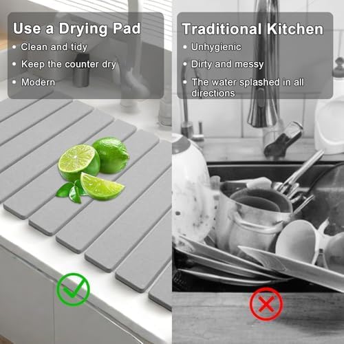 Large Stone Dish Drying Mat for Kitchen Counter,Equipped Dish Rack, Diatomaceous Earth Material, Foldable and Super Absorbent Dish Drying Pad Suitable for Tableware, Bottles and Cup (Grey, 24×16 IN)
