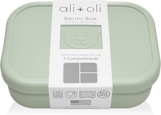 Ali+Oli Silicone Bento Box for Kids, Lunch Container for Toddler Daycare | BPA-Free; Spill-Proof Lid; Three Compartments for Food Separation; Portion Control; Snack Storage; Travel Friendly