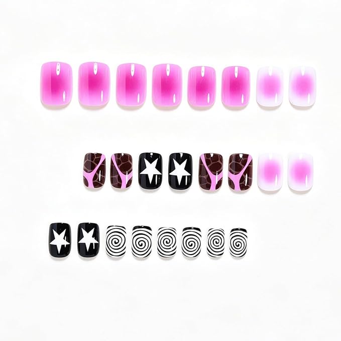 WLGDLH Pink Gradient Press on Nails Short Square Fake Nails Press ons Nail Art Tips with Star Irregular Stripes Design Cute Glossy False Nails Full Cover Repeatable Glue on Nail for Women 24Pcs