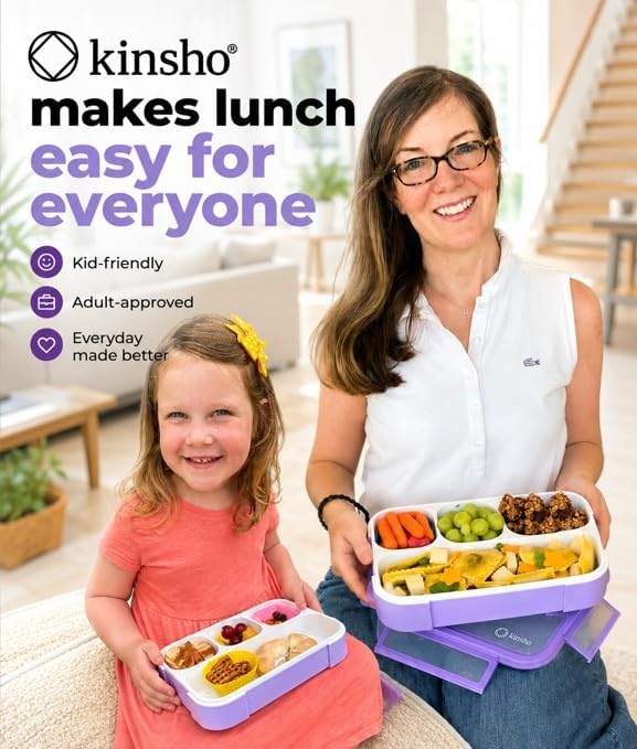 kinsho Bento Lunch Box for Kids Women Adults Girls School Work | Snack Containers for Toddlers Tweens | 4 Divided Sections for Portion Control includes Utensils BPA Free | Purple