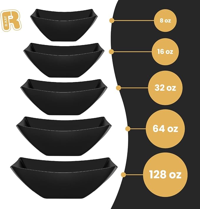 R-kay 6 Pack Square Plastic Black Serving Bowls - Black Plastic bowls 64 Oz - Salad Bowls Large Serving - Premium Heavy Duty For Weddings Catering And Birthday parties