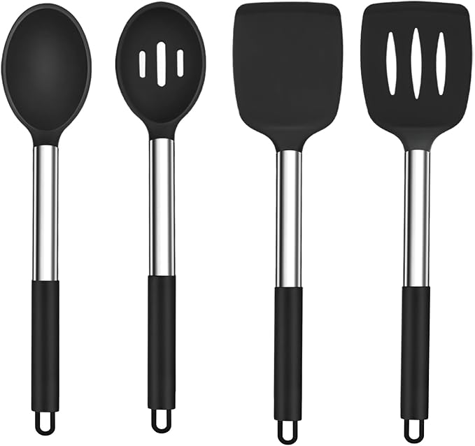 TeamFar Kitchen Utensils, 4 PCS Silicone Cooking Utensils Spatula Spoon Set | with Stainless Steel Handle, for Frying Mixing Draining Turning, Healthy & Heat-proof, Non-stick & Dishwasher Safe - Black