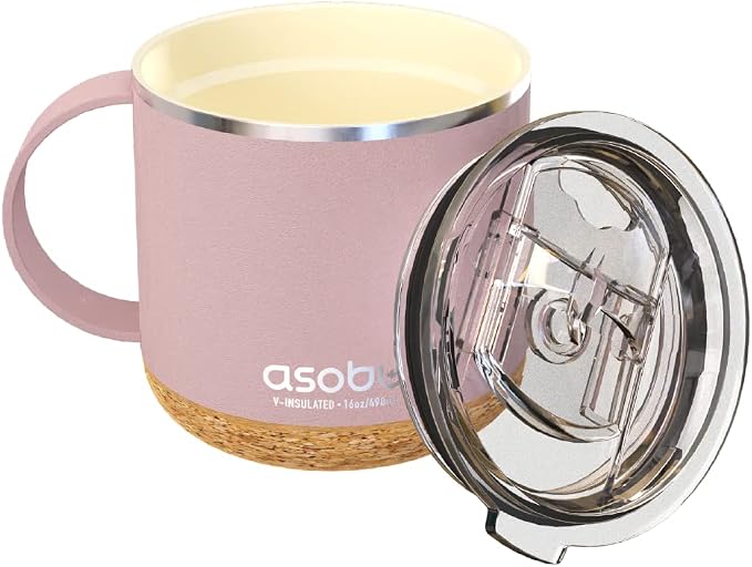 asobu Infinite Stainless Steel Insulated Coffee Mug with Inner Ceramic Coating and Cork Coaster 16 Ounce (Powdered Pink)