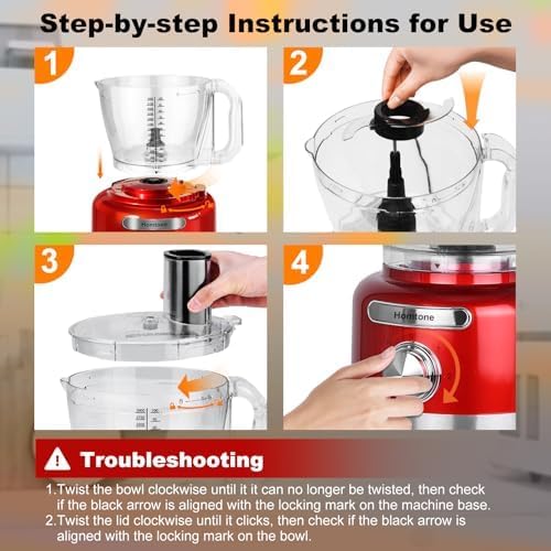 Homtone 16-Cup Food Processor, Heavy-Duty 9-Function Appliance with 7 Blades & 3 Speeds for Dough Kneading, Meat Chopping, Slicing, Shredding & Making French Fries, 600W (Red, 16 Cup)