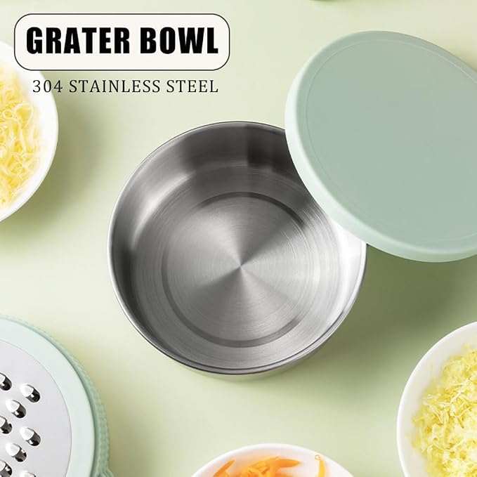 Cheese Grater with Container & Lid, Multi Functional Stainless Steel Box Grater, Handheld Grater Bowl for Kitchen,Lemon Zester for Parmesan, Cheeses, Ginger, Chocolate, Vegetables, Butter (Mint Green)