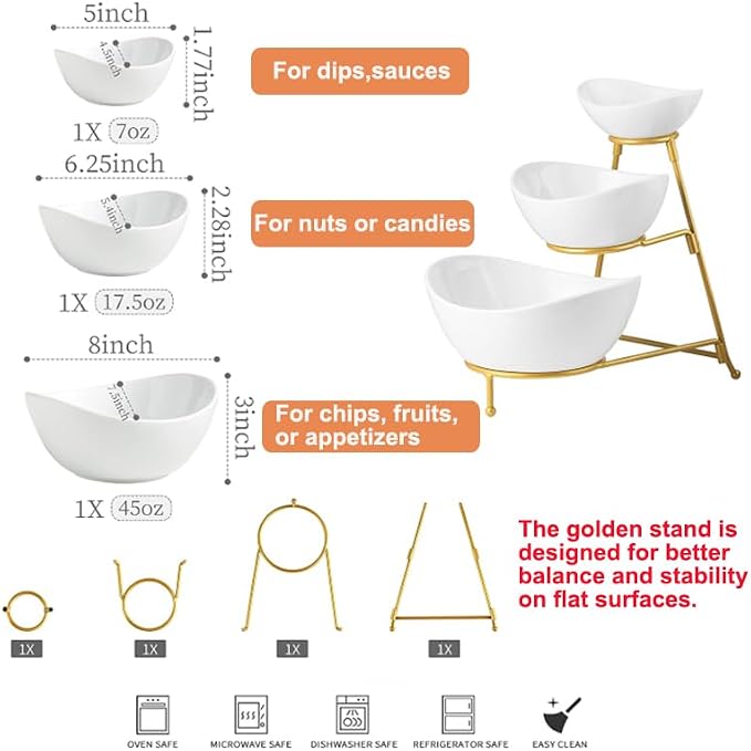 Miamolo 3 Tier Serving Bowls with Stand for Entertaining Party | Chips and Dip Serving Dishes Hosting Essentials | Ceramic Fruit Bowl for Salad Soup Snacks | Microwave & Dishwasher Safe