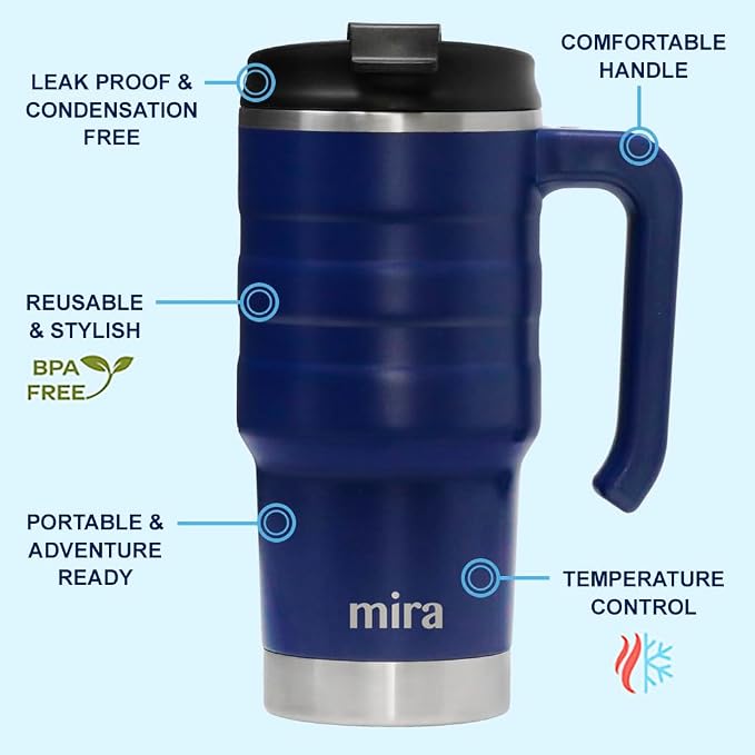 MIRA 20 oz Insulated Travel Mug - Stainless Steel Coffee Cup with Spill-Proof Flip Lid & Handle - Hot/Cold Car Tumbler - Marine