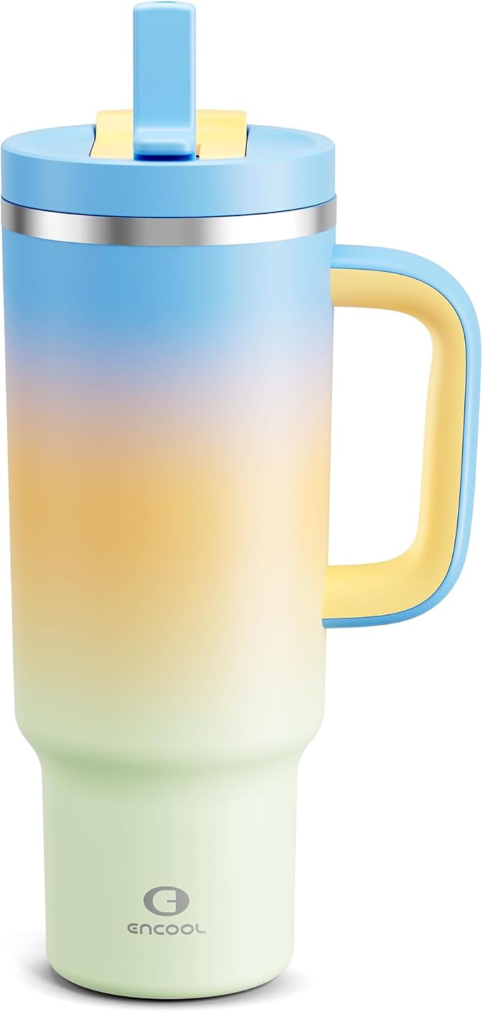 ENCOOL 40 oz Tumbler with Handle and Straw: Stainless Steel Insulated Tumbler Keeps Cold for 24 Hours, Leakproof Travel Cup Fits in Cup Holder and BPA-Free, Sunny Breeze