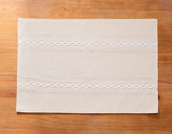 Wracra Cotton Linen Place Mats, Ivory Embroidered Placemats Set of 6 | Placemats 12 x 18 Inch; Cotton Linen Woven Fabric; Heat Resistant Table Mats; Raised Embroidered Hollow Design