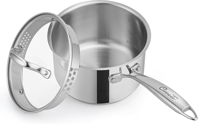 Ciwete 2 Qt Stainless Steel Saucepan with Glass Strainer Lid, 2 Quart Pot Stainless Steel Sauce Pan with Pour Spout, Mirror Polishing, Compatible with All Cooktops Dishwasher Safe Oven Safe