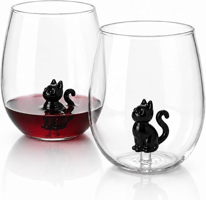 3D Black Cat Stemless Wine Glass Set of 2, Cat Decor Hand Blown Drinking Glasses, BlackCat Lover Gifts for Women Halloween Birthday Wedding Party Dad Gifts Cute Mothers Day Gift (14oz)