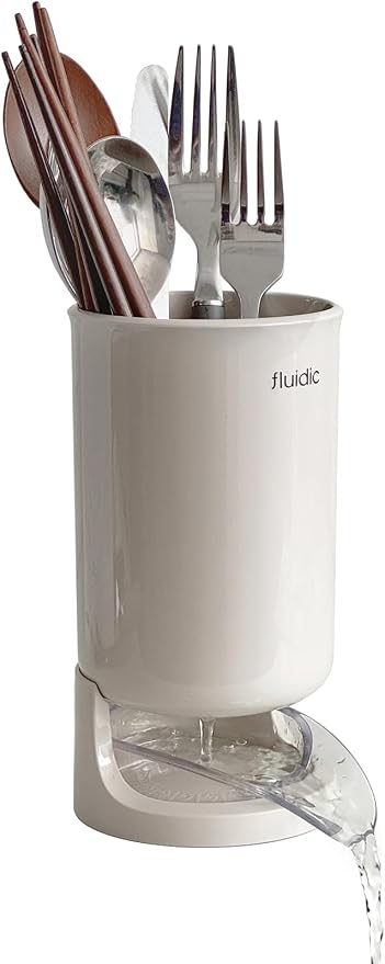 Self-Draining Utensil Drying Holder - Beige | Small Utensil Cutlery Flatware Silverware Holder Drainer Cup for Kitchen Counter