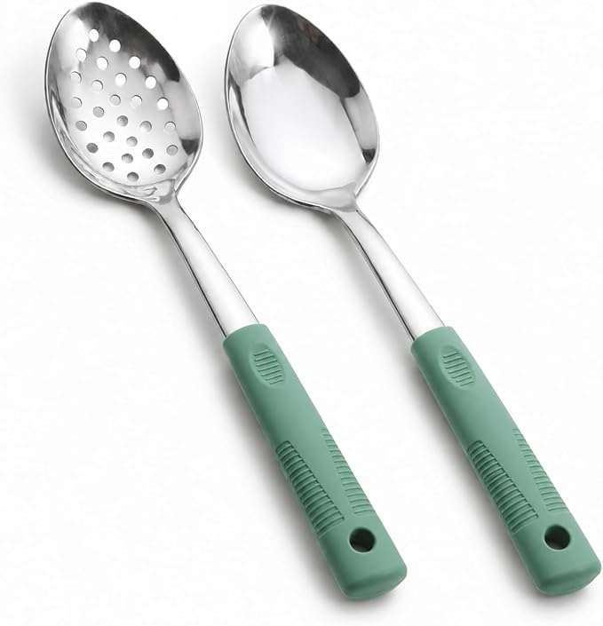 Serving Spoon Set with Silicone Handles,2-Piece spoon | Stainless Steel Serving Spoon, Slotted Spoon & Soup Ladle Set for Buffet and Home Kitchen