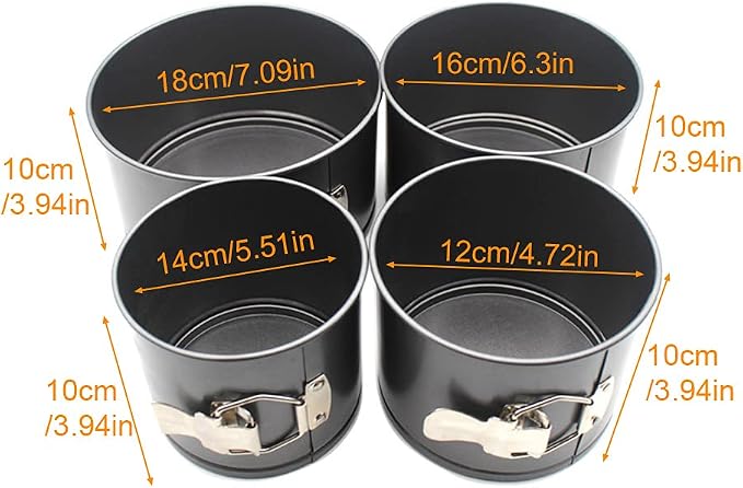 4 Pcs Springform Pan (4inch, 5inch, 6inch, 7inch), Cake Tin for Baking, Detachable Bottom Carbon Steel Cheesecake Mold (Black)