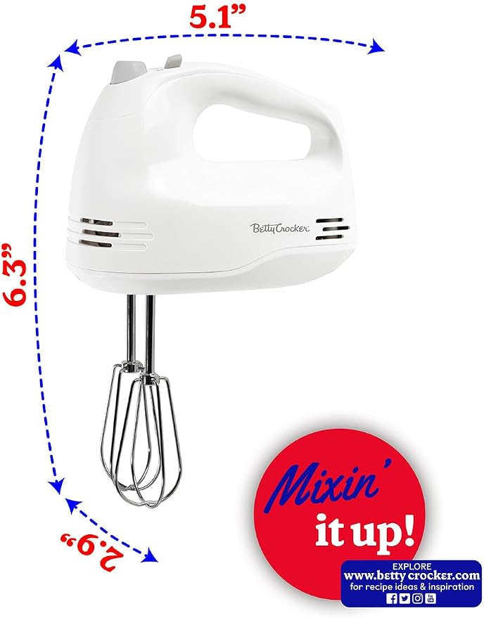 Betty Crocker 5-Speed Hand Mixer, 150 Watts Power, BC-4203WT, White | Easy-Clean Chrome Plate Beaters, Beater Eject Button, Heel Rest, Sleek Compact Design, Apartment Essentials