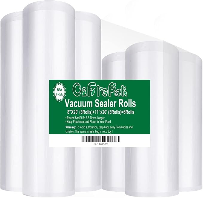 O2frepak 6RL Vacuum Sealer Bags Rolls 8"x20'(3)+11"x20'(3) for Food Storage | BPA Free Food Grade,Commercial Grade,Customized Size,Heavy Duty 6Pack Food Sealer Bags Rolls,Great for All Vacuum Sealer