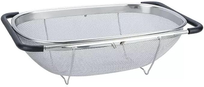 NikLye Stainless Steel Over the Sink Colander Basket with Expandable Handles, 6 Quart Fine Mesh Strainer for Pasta, Vegetables and Rice