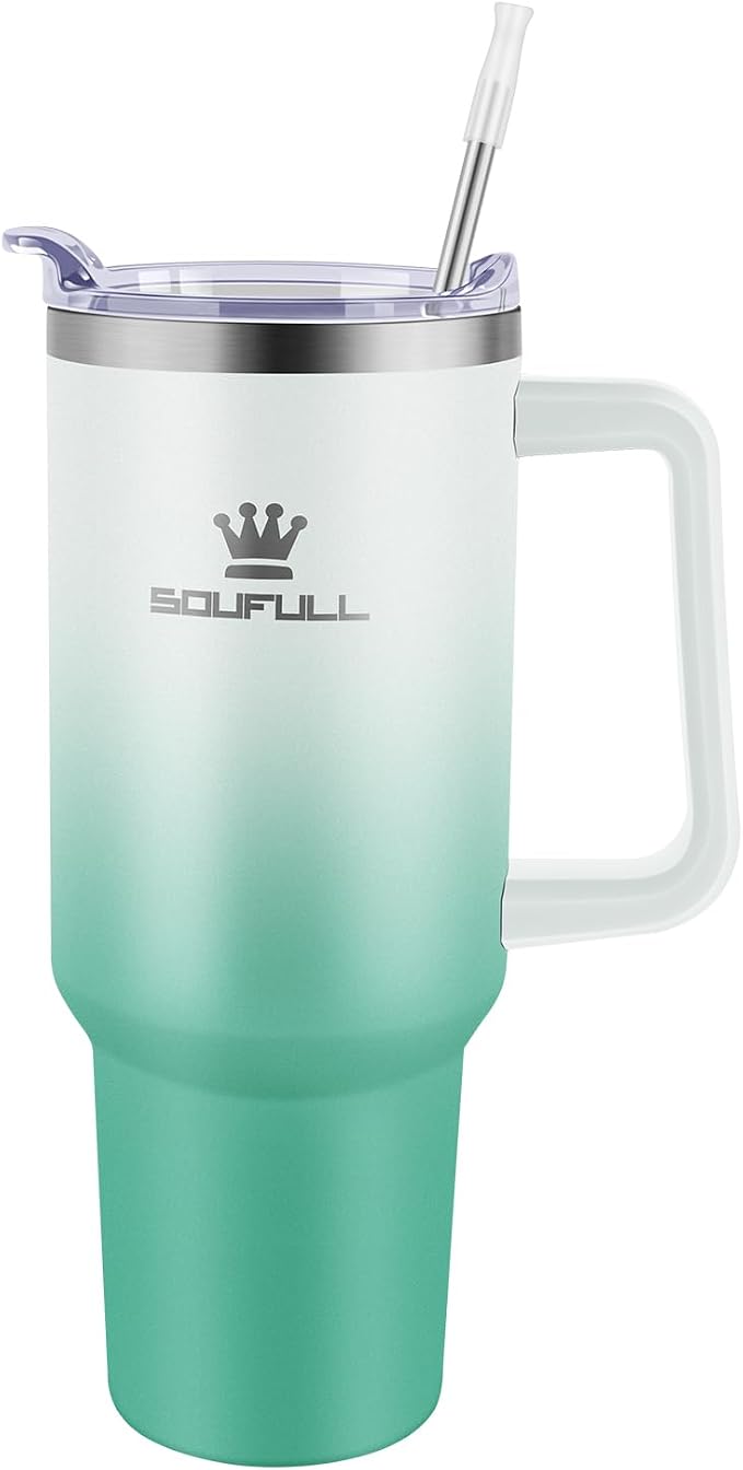 40 oz Tumbler with Handle and Straw Lid, 100% Leak-proof, WhiteGreen | Stainless Steel Insulated Travel Coffee Cup, Keeps Cold 34Hrs or Hot 10Hrs, Dishwasher Safe