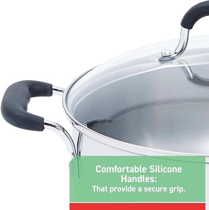 T-fal Specialty Stainless Steel 12 qt Stock Pot with Lid, Induction | 3-ply aluminum core, Silicone handles, Tempered glass vented lid, Oven safe to 350 deg F, Boiling, braising, and soup cooking