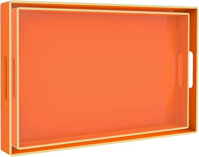 Orange Serving Tray with Handles, Plastic Decorative Tray Set of 2 | Decorative Tray for Coffee Table, Modern Ottoman Tray, Rectangle Melamine Tray for Living Room, 15.8"L x 10.2"W x 1.4"H