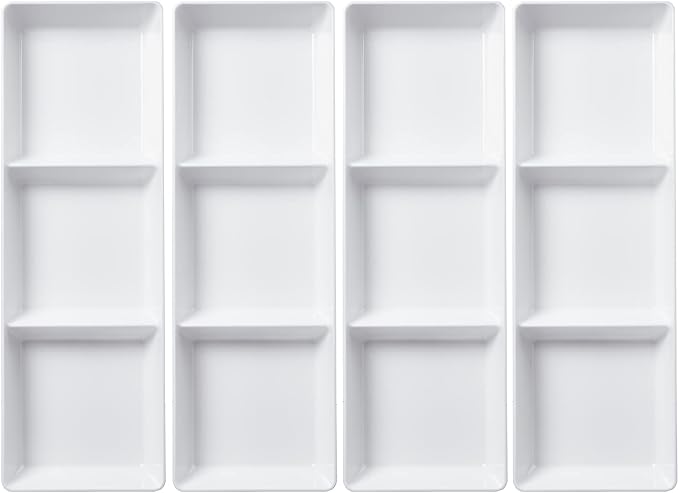 US Acrylic Avant White Plastic Divided Serving Trays (Set of 4) 15” x 5” | Narrow Reusable 3-Section Party Platters | Serve Appetizers, Fruit, Veggies, & Desserts | BPA-Free & Made in USA