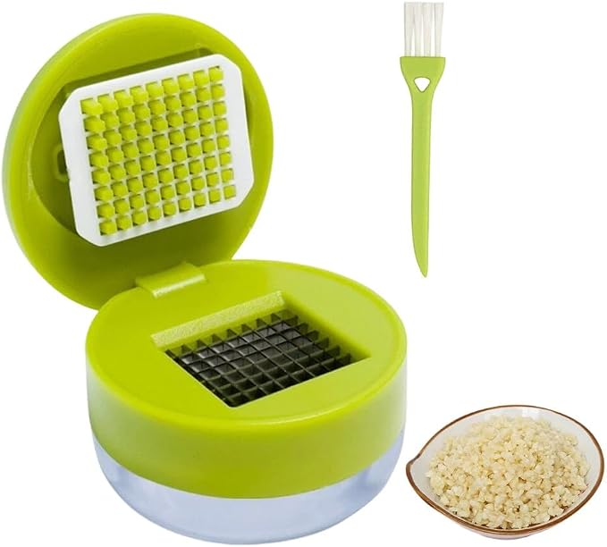 Manual Garlic Masher, Stainless Steel Blade Garlic Mincer Crusher with Peeler and Cleaning Brush, Hand-Press Garlic Chopper Grater for Ginger, Nut, Herb (1PCS)