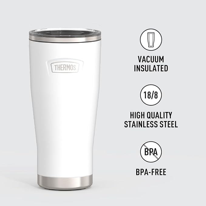 THERMOS Icon Series 24oz Stainless Steel Tumbler with Slide Lock Lid, Leakproof, Fits Cupholder, Dishwasher Safe, Griptec™ Non‑Slip Base, Keeps Drinks Hot 6 Hrs/Cold 22 Hrs, Snow
