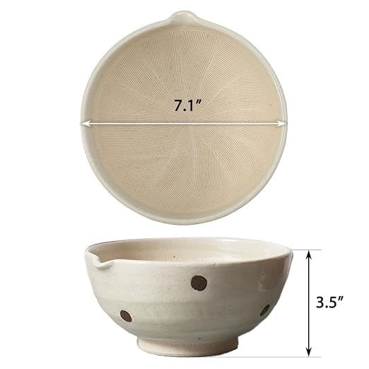Japanese Ceramic Ripple Ridge Mortar & Pestle Suribachi Bowl and Surikogi Set with Spout 7.1 inches Made in Japan (White)