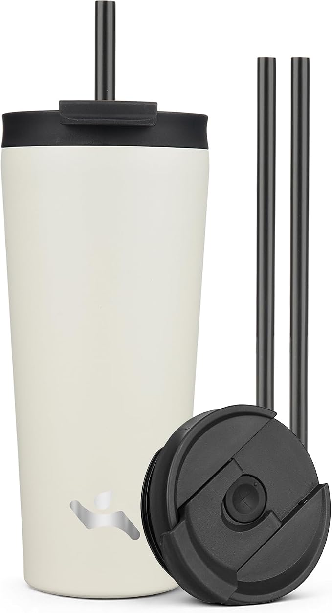 Konokyo 22 oz Insulated Tumbler Water Bottle with Straw Lid, Angel White | Stainless steel insulated tumbler for coffee, water and iced drinks; spill-proof lid, 2 straws, cup-holder friendly