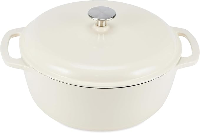 Amazon Basics Enameled Cast Iron Dutch Oven Pot with Lid, Round, Dual Handles, Heavy-Duty, Oven Safe for Stews, Roasting, Baking, 6-Quart, White