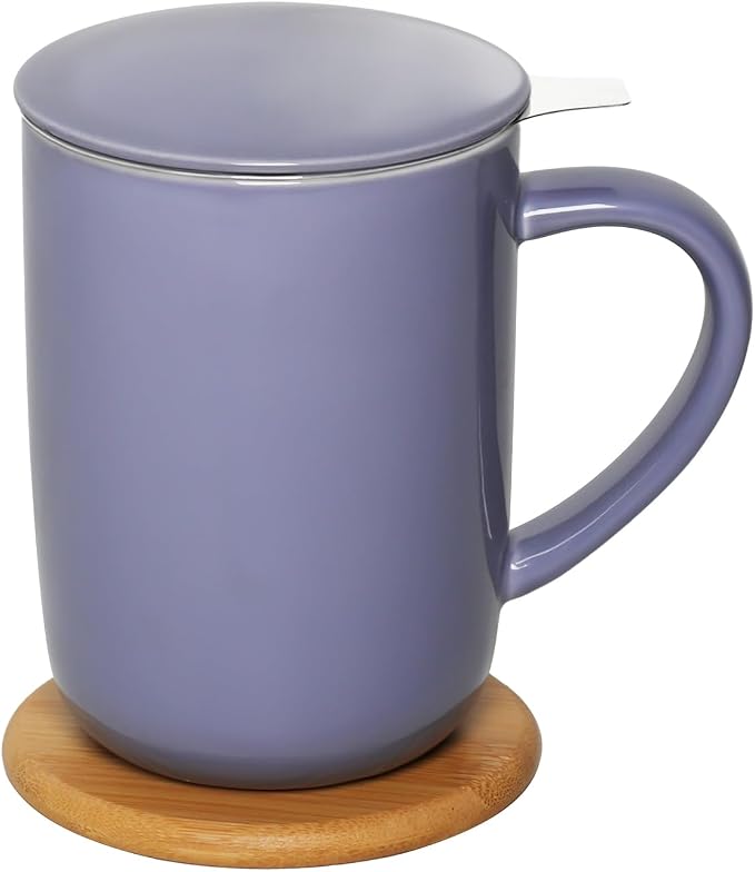 CEEFU 16oz Porcelain Tea Mug with Infuser, Lid and Coaster | Teaware with Filter, Loose Leaf Tea Cup Steeper Maker, Tea/Coffee/Milk/Women/Office/Home/Gift, Purple