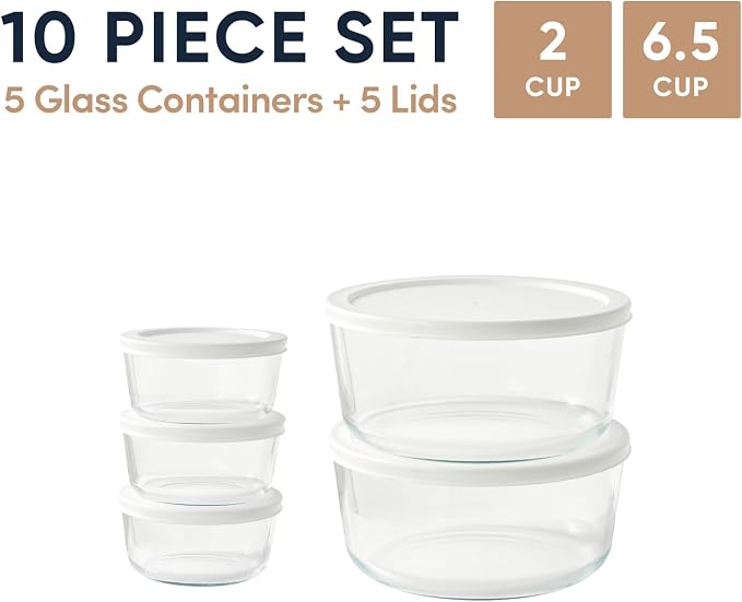10-Piece Glass Food Storage Containers Set (5 Containers + 5 BPA-Free Lids) | 2-Cup & 6.5-Cup, Leakproof | Microwave, Freezer, Oven & Dishwasher Safe | Ideal for Meal Prep & Pantry Organization, White