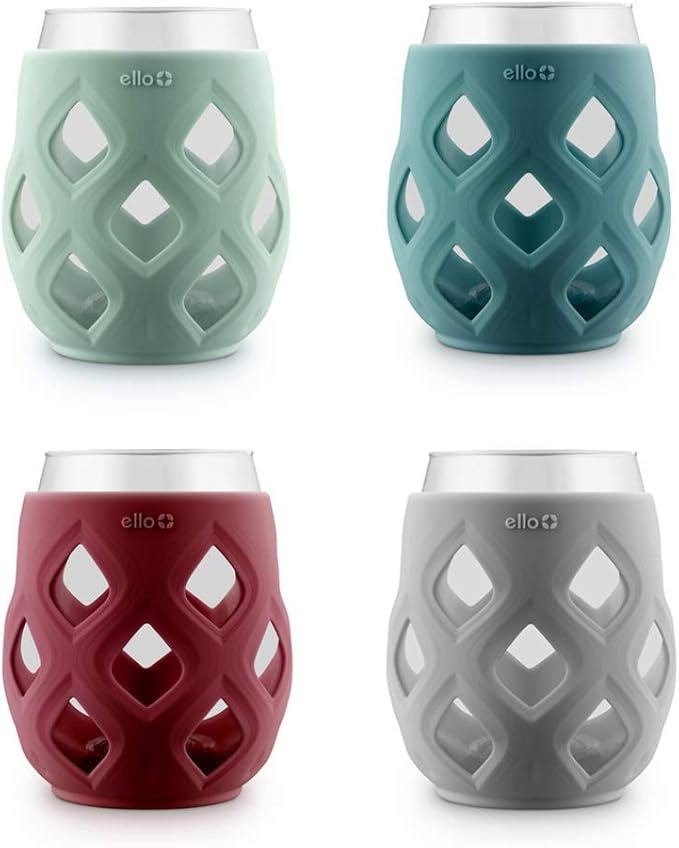 Ello Cru 17oz Stemless Wine Glass Set with Protective Silicone Sleeves, 4 Pack Cocktail Glass Perfect for Summer Patios, Parties, Holiday Gifting Her or Him, Dishwasher Safe, Holiday Jewels