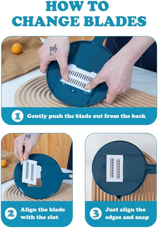 Mandoline Vegetable Slicer Set with 6 Interchangeable Blades, Grater and Peeler, Pink and Blue (Blue)