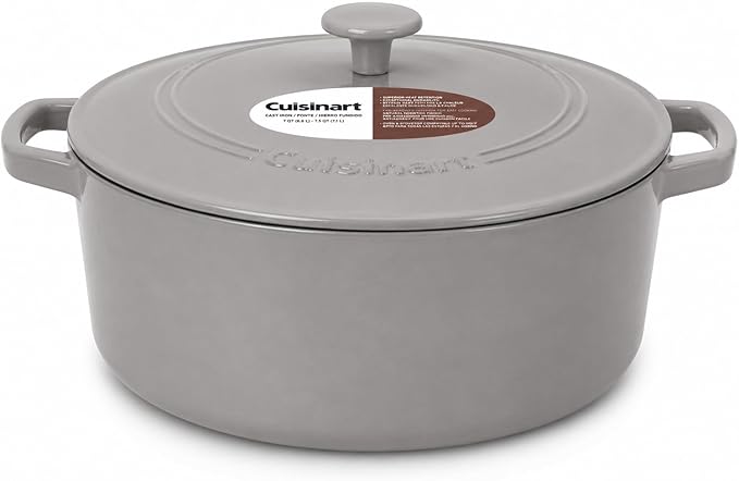 Cuisinart Chef's Classic Enameled Cast Iron Dutch Oven with Lid, Porcelain Enameled Interior, Oven Safe, Induction Compatible, 7-Quart, Round, Grey