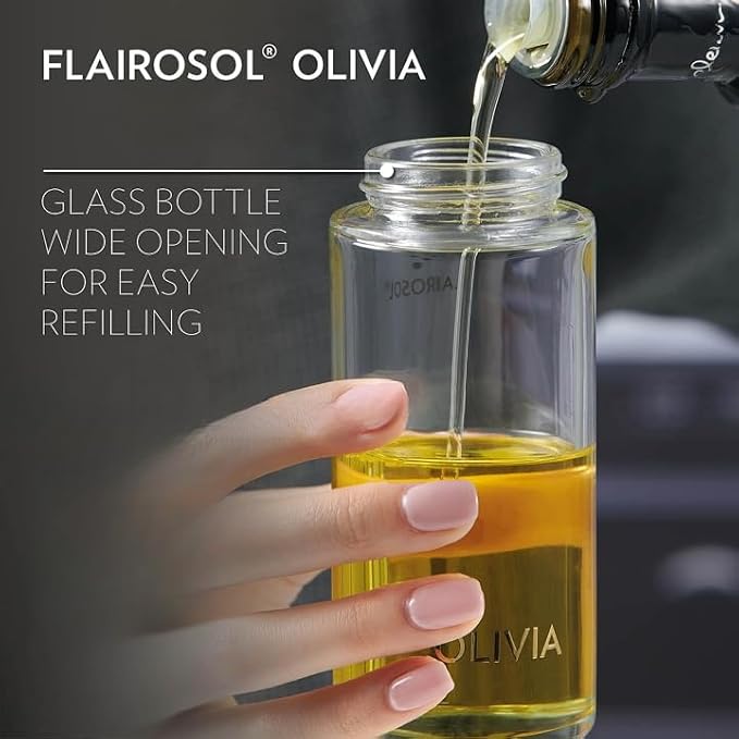 FLAIROSOL OLIVIA SIGNATURE Oil Sprayer, 130ml Glass, Golden Leaves | Portion control mist for air fryer, salad, BBQ, refillable & reusable, fine mist olive oil kitchen sprayer, anti-drip