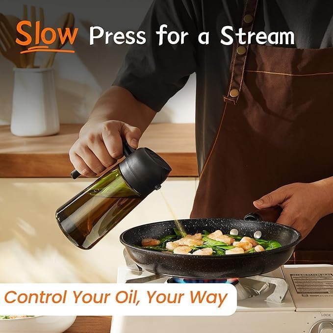 2-in-1 Olive Oil Sprayer & Dispenser, Leakproof 16oz Refillable Glass Spray Bottle for Cooking, Air Fryer & Salad