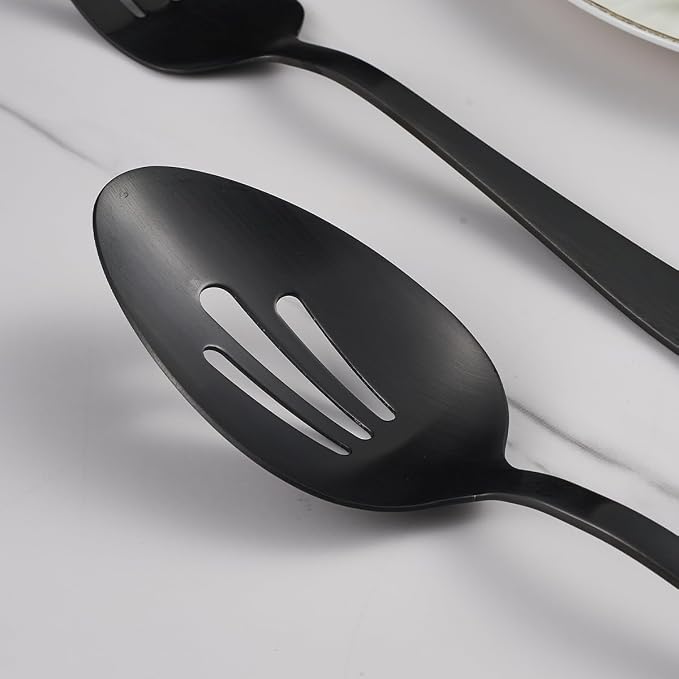6 Pieces Large Serving Spoons Set - 3 Serving & 3 Slotted Spoon | 10.6 Inch, matte black, stainless steel, highly durable, corrosion-resistant, dishwasher safe, for kitchen buffet restaurant