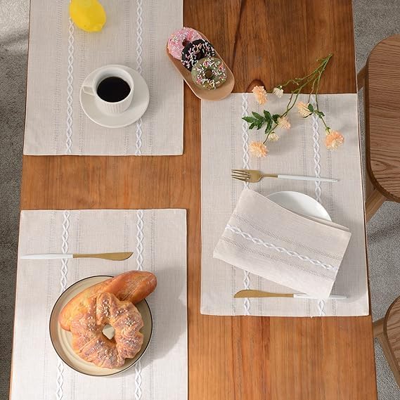 Wracra Cotton Linen Place Mats, Ivory Embroidered Placemats Set of 6 | Placemats 12 x 18 Inch; Cotton Linen Woven Fabric; Heat Resistant Table Mats; Raised Embroidered Hollow Design