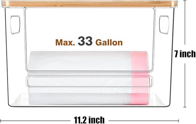 Trash Bag Holder, Acrylic Garbage Bag Dispenser with Bamboo Top | Extra Large Trash Bags Dispenser Under Sink for Kitchen, Pantry, Laundry Room, Cabinet Organizer and Storage (1 PACK)